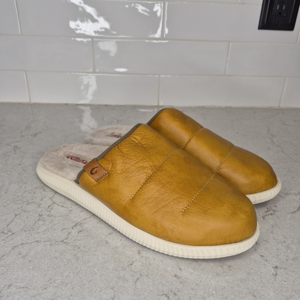 OluKai Mua 'Ili Slippers Men's 10 Leather Shearling Lined Mule Slip On Shoes